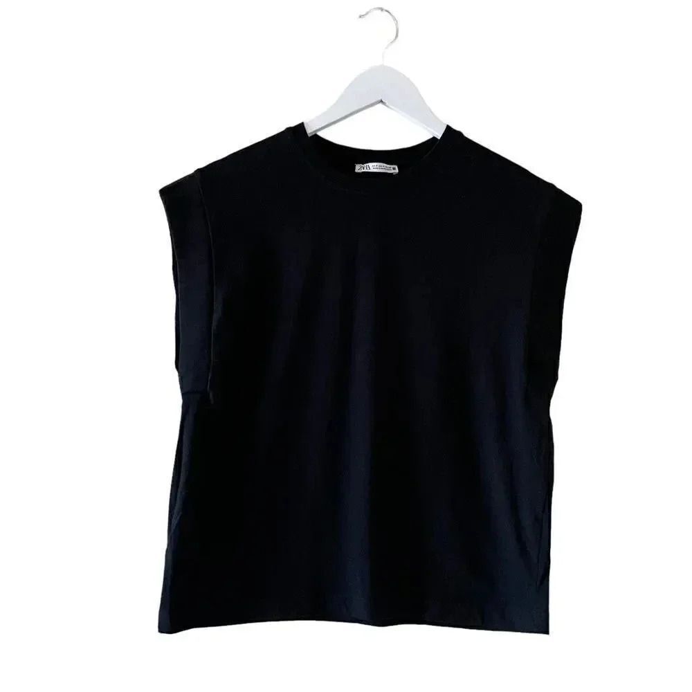 Zara Women’s Black Solid Crewneck Cotton Essential Sleeveless T-Shirt SZ S #1164